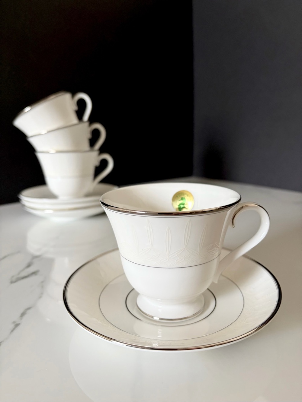 SET of 4 Lismore Platinum Cup & Saucers by Waterford